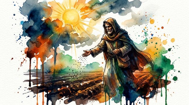 Biblical sower scattering seeds on tilled soil. Watercolor illustration of the parable of the sower under a bright sun