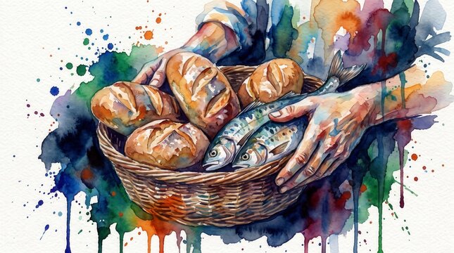 Five loaves of bread and two fish in a wicker basket. Miracle of feeding the five thousand biblical concept. Watercolor illustration of abundance and faith