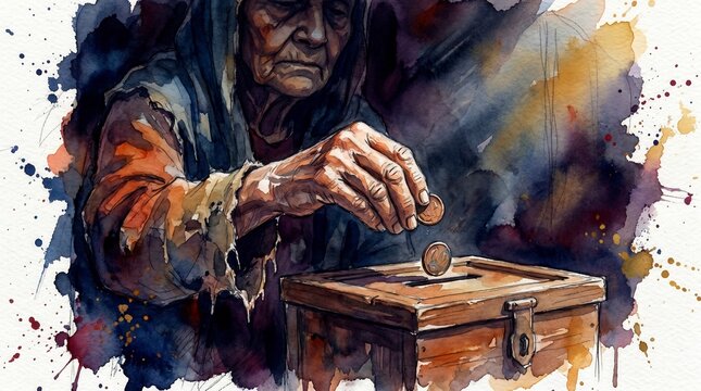 Poor widow dropping two copper coins into a temple treasury box. The widow's mite biblical parable. Concept of giving and faith