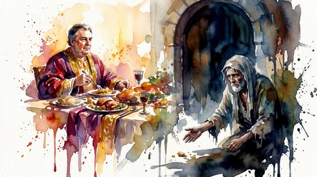 Rich man feasting while poor Lazarus begs for crumbs. Biblical parable theme. Watercolor illustration of social inequality