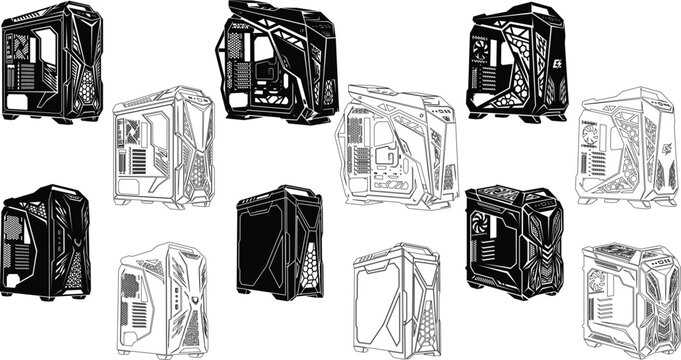 Futuristic gaming PC case line art set with modern computer chassis vector illustrations