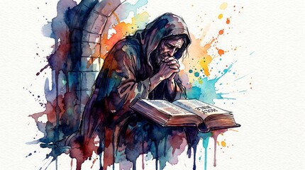 Obraz premium Hooded man kneeling in prayer over an open Holy Bible. Devout christian praying with folded hands. Biblical faith concept