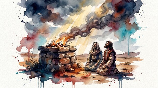 Ancient stone altar with sacrificial fire in the wilderness. Two men kneeling in prayer. Old Testament Genesis biblical illustration
