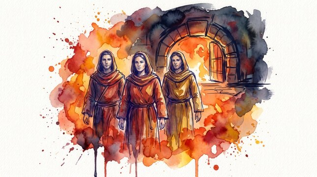 Three men walking unharmed in a fiery furnace. Biblical story of faith and protection in a vibrant watercolor painting
