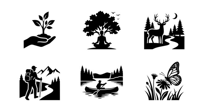 Nature Icons Set: Growth, Meditation, Wildlife, Hiking, Kayaking, Butterfly Vector Graphics