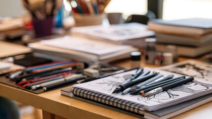 Fototapeta premium A wooden desk cluttered with art supplies including sketchbooks pens pencils and brushes arranged for creative work