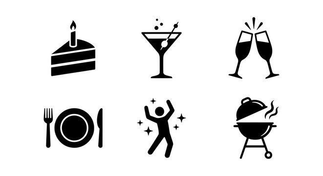 Celebration Icons: Party Cake, Cocktail, Toasting Glasses, Dinner Setting, Dancing Figure, BBQ Grill