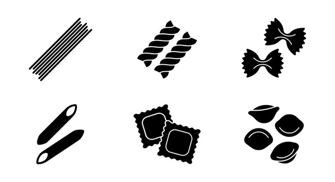 Italian Pasta Shapes Vector Icons: Spaghetti, Penne, Farfalle, Ravioli, Fusilli, Orecchiette