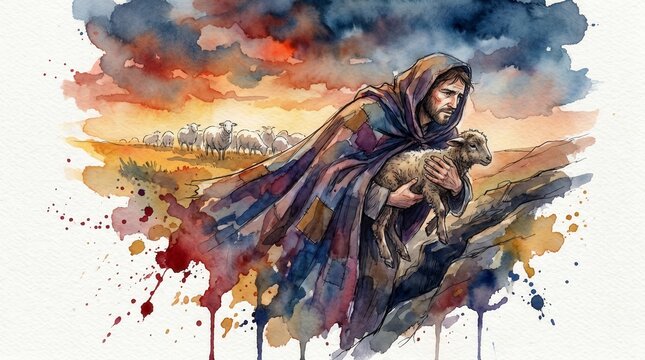 Shepherd carrying rescued lost lamb in his arms with flock in background. Watercolor illustration of biblical parable of the lost sheep. Sunset sky theme