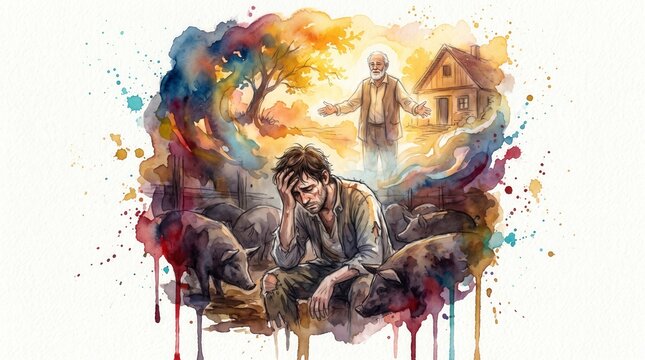 Prodigal son sitting with pigs dreaming of home. Biblical parable watercolor illustration. Sad young man and welcoming father concept