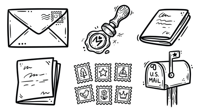 Snail Mail and Vintage Postal Doodle Style Set with Paper Envelope Ink Wax Stamper Passport Notebook Postage Stamps Bundle and U.S. Mailbox Icons