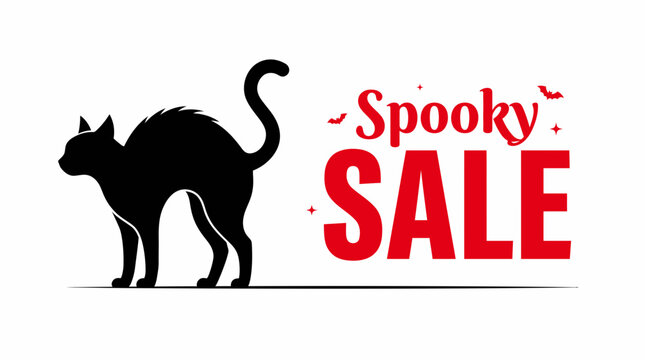 Black cat silhouette stands in an arched back pose next to bold red typography that promotes a spooky seasonal discount event for retail shoppers.