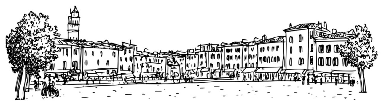 European historic town square with bell tower and ancient architecture in loose sketch style