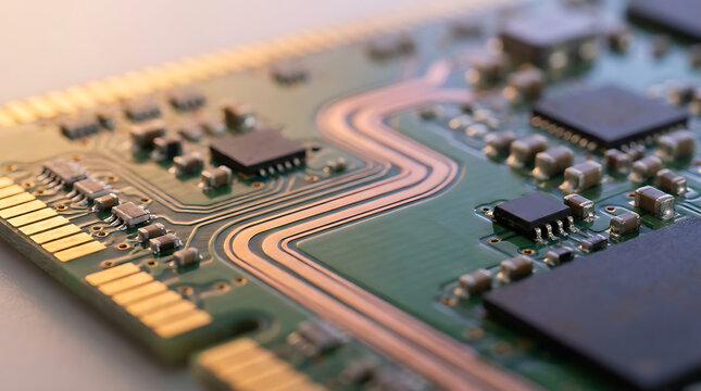 High-Resolution Macro View of Electronic Circuit Traces on a Computer Memory RAM Hardware Module for Technology