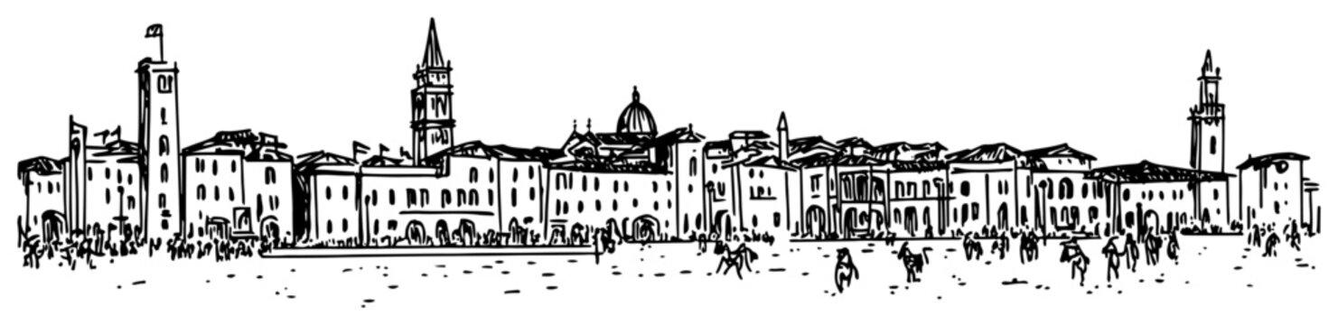 Saint Mark Square in Venice with historic bell tower and people walking sketch style