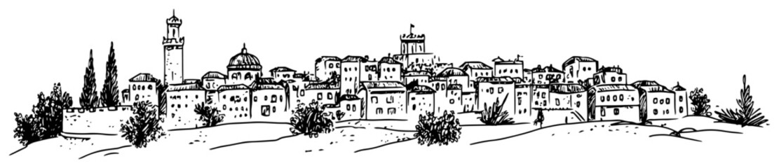 Mediterranean city skyline with tall clock tower and church domes in hand drawn sketch style © Kaz