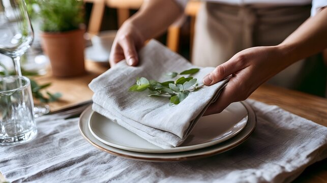 A person carefully placing a folded linen napkin topped with fresh greenery onto stacked ceramic plates on a wooden table