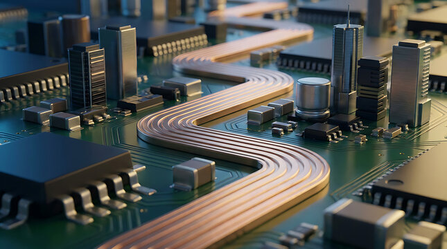 Futuristic Electronic Cityscape with Digital Circuit Board Architecture and Copper Data Pathways