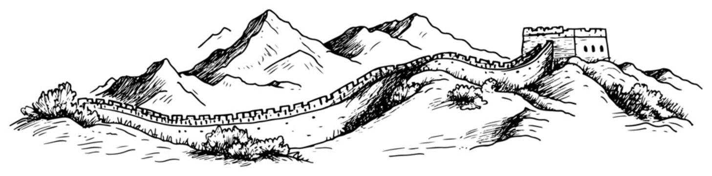 Great Wall of China winding through mountain ridges in vintage hand drawn engraving style