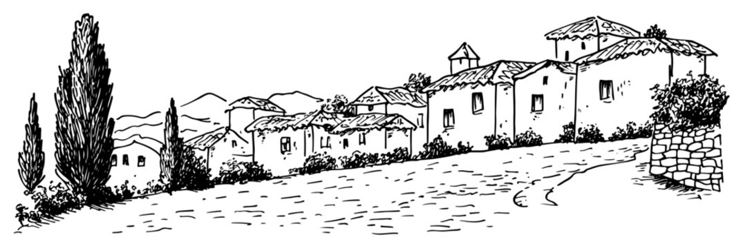 Old Mediterranean village with stone houses and cypress trees sketch style