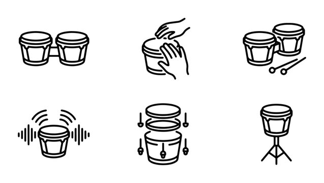 Bongo Drum Icons: Musical Instruments, Percussion, Rhythm, Sound Elements