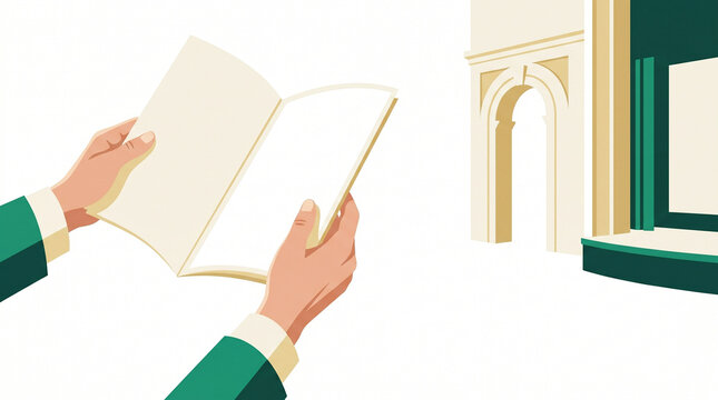 Open book held in hands with minimalistic architectural background  