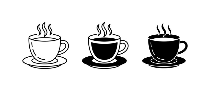 Hot Coffee Cup Icons, Black and White Drink Symbols, Beverage Service Set