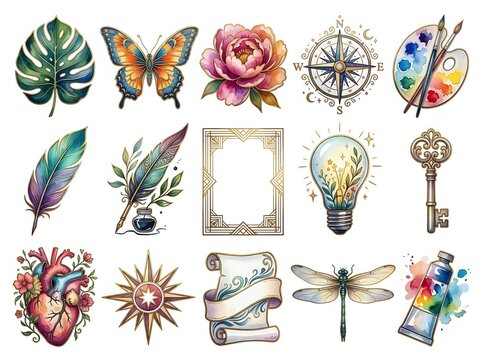 Vintage illustration set of eclectic tattoo style icons