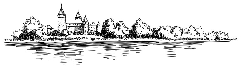 Fototapeta premium Medieval castle by the lake shore with trees in hand drawn sketch style
