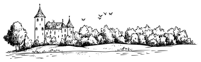 Fototapeta premium Medieval castle tower overlooking a forest and river in hand drawn sketch style