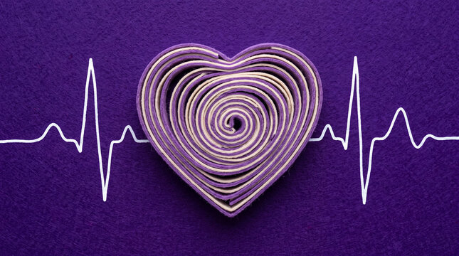 Creative craft paper heart with layered design surrounded by cardiogram lines on purple background
