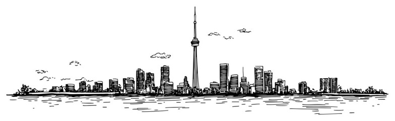 Obraz premium Modern city skyline with tall observation tower on waterfront in fine line sketch style
