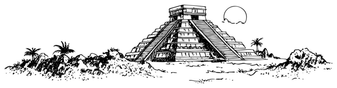 Chichen Itza Mayan pyramid in Mexico with tropical landscape and sun hand drawn ink sketch style