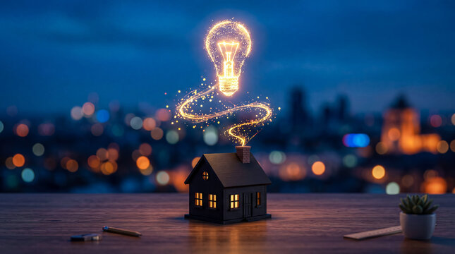 Creative miniature house with glowing lightbulb emitting sparks over urban skyline at night