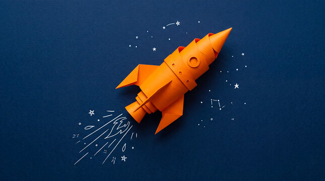 Creative orange paper rocket launching into space with stars and constellations for innovation and progress metaphor