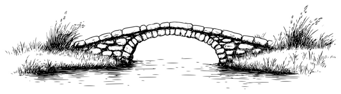 Stone arched bridge over river with grassy banks in vintage hand drawn sketch style