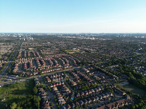 aerial view of Markham Canada with the skyline of Toronto in the background