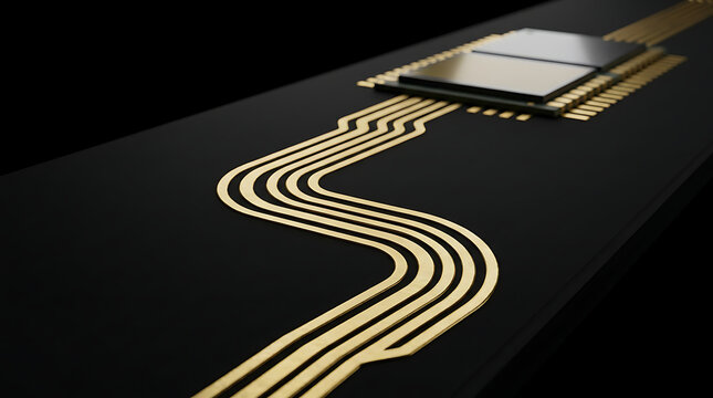 Macro View of Gold Plated Integrated Circuit Connector Contacts on a Black Printed Circuit Board for High Tech Computing