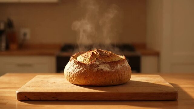 Freshly baked sourdough bread loaf resting on a wooden cutting board with visible steam rising in a kitchen