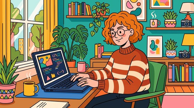 Flat style vector illustration of a happy young woman with curly red hair coding on a laptop, cartoon design of a female programmer or web designer at a cozy home office desk