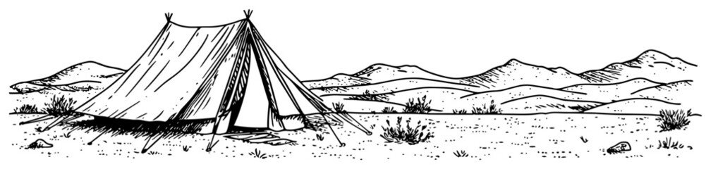 Camping tent in open mountain landscape in vintage hand drawn sketch style © Kaz