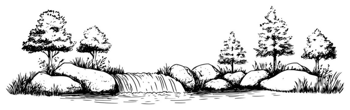 Waterfall cascading over rocks into forest river in vintage hand drawn sketch style