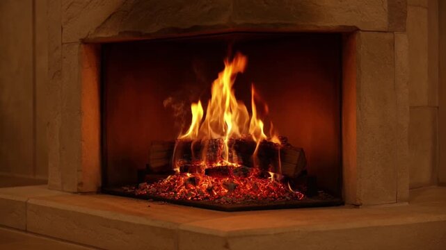 Cozy indoor fireplace with bright dancing flames and glowing embers inside a stone hearth fire warmth home burning logs