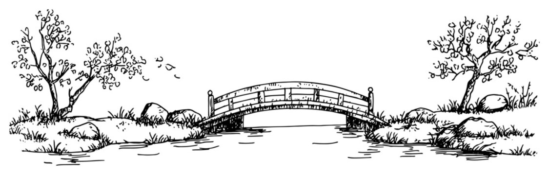 Wooden arched bridge over stream with trees and rocks in landscape sketch style