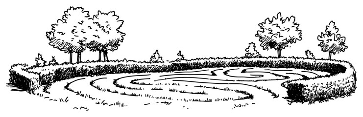 Obraz premium Garden pond surrounded by manicured hedge and leafy trees in hand drawn sketch style