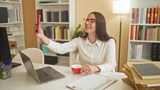Woman holds red smartphone and waves hand during a video call in an office with laptop, clipboard, bookshelves and red coffee cup on desk; remote work joy.