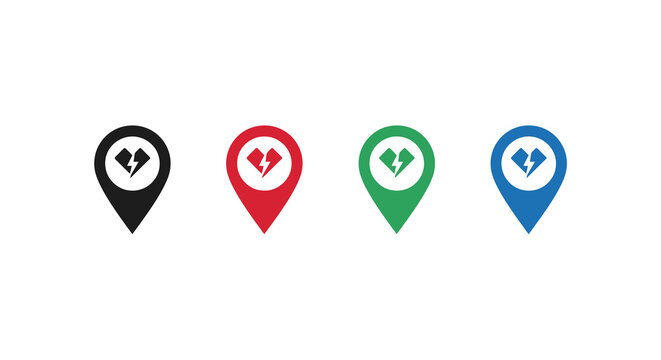 Broken heart location marker icons in black red green and blue flat vector illustration heartbreak sadness disappointment
