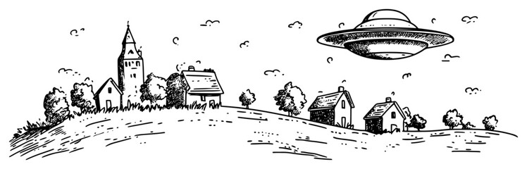 UFO hovering over small village and church in rural landscape in vintage hand drawn engraving style © Kaz