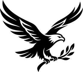 Fototapeta premium Eagle silhouette with olive branch in flight during daytime against white background symbolizing peace and power
