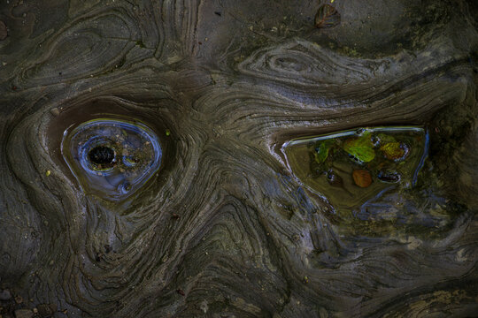 A top-down abstract view of swirling mud and silt patterns that naturally create the shape of a human face, featuring water-filled puddles as eyes.